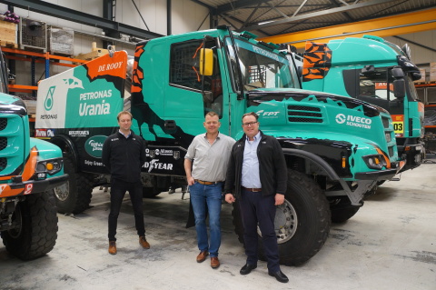 Allison Transmission's Sjoerd Vos meets with Gerard De Rooy and Edgar Lips from Team De Rooy with their new Allison-equipped truck for the 2022 Dakar Rally. (Photo: Business Wire)